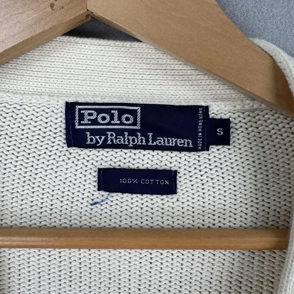 Vintage Polo Ralph Lauren Sweater Mens Small White Cotton V Neck Knit Cardigan